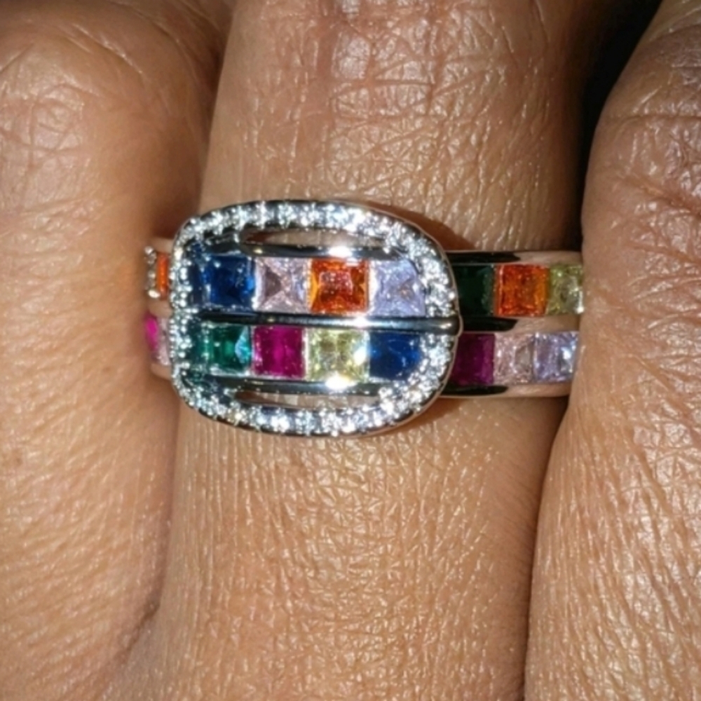 Ladies Multi Color Shimmering Gemstone Belt Buckle Design Boho Ring